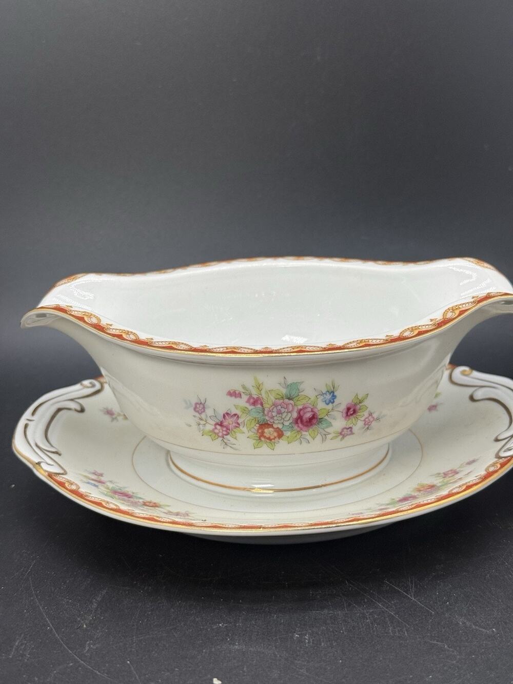 1940s Diamond China Attached Gravy Boat Roslyn Pink Flowers Roses
